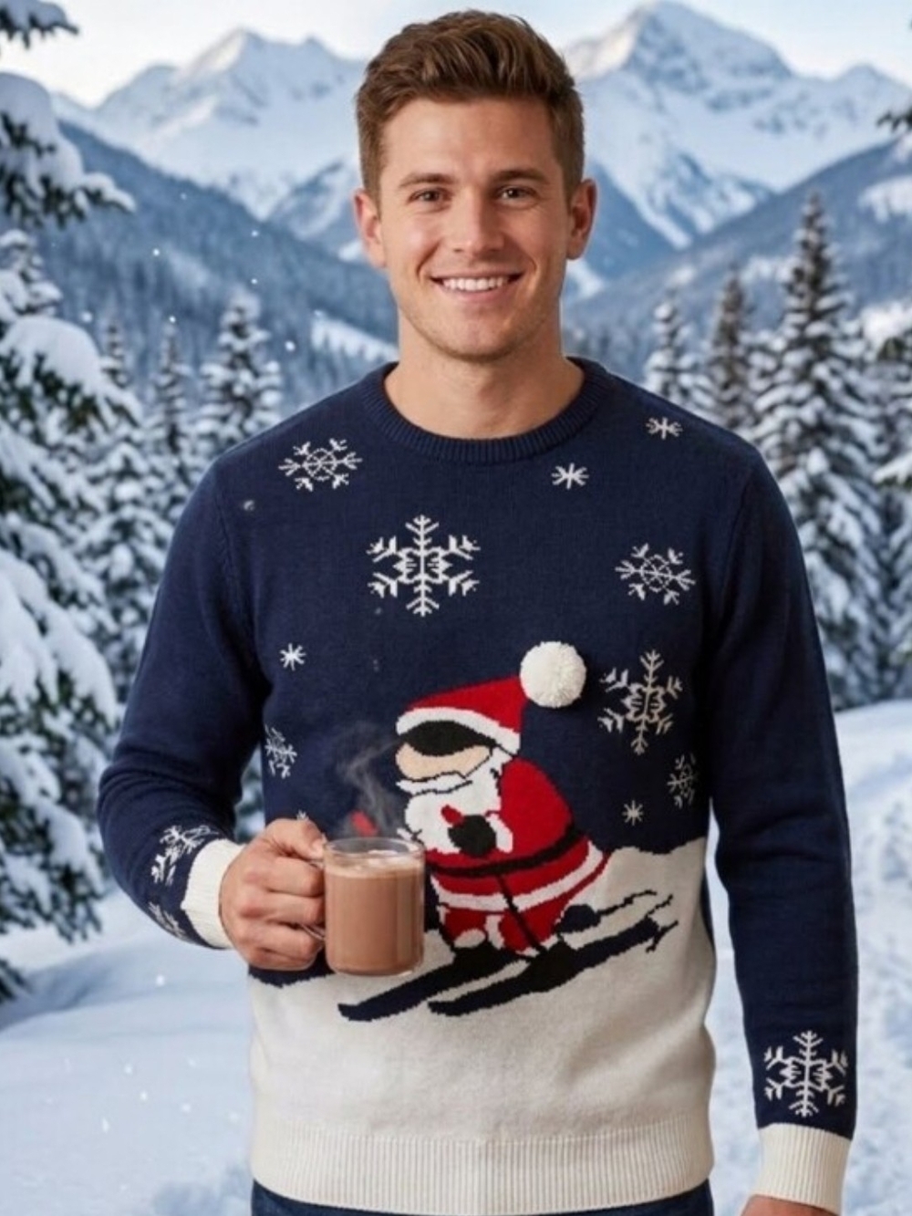 Men's Navy Blue Skiing Santa Crewneck Sweater